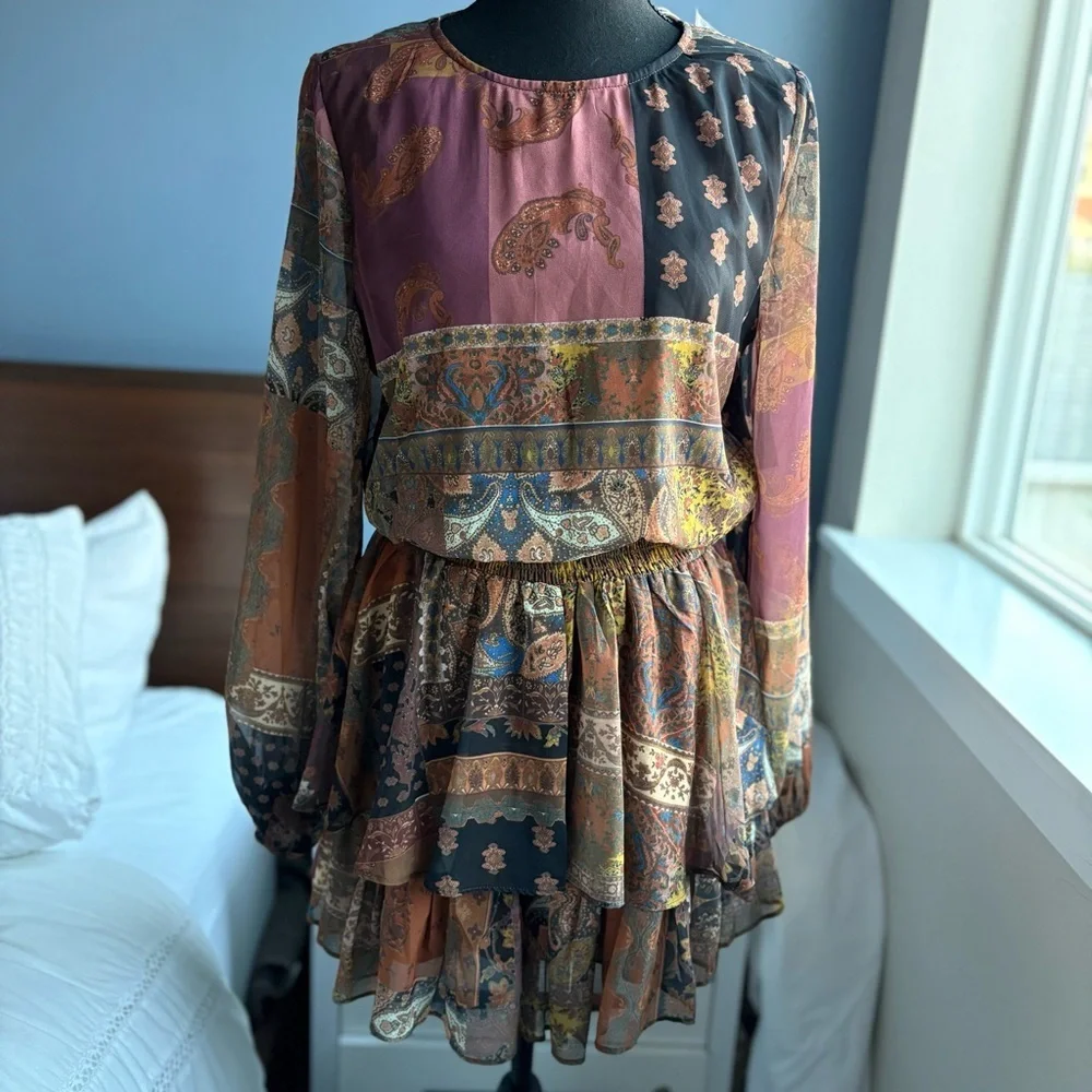 NWT Bluivy Multicolored Patchwork Paisley Long Sleeve Short Romper Smocked Waist - Picture 1 of 17